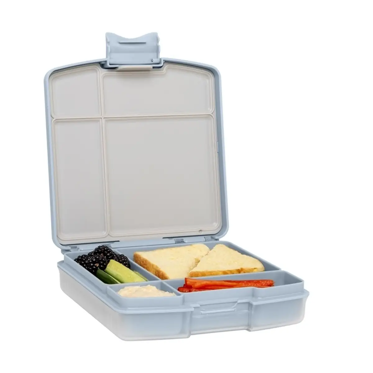 Niebieska śniadaniówka z przegródkami z jedzeniem dla dziecka. Ubbi Lunchbox Bento Cloudy Blue