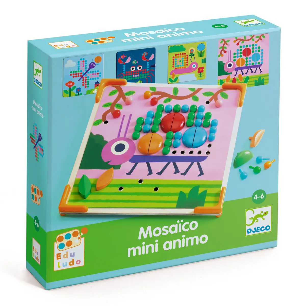 Drewniana mozaika edukacyjna z kolorowymi elementami do układania dla dzieci 4-6 lat. Djeco Mozaika MINI ANIMO kolorowe obrazki