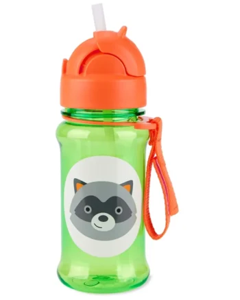 Zielony bidon dla dziecka z pomarańczową zakrętką i rysunkiem szopa z pomarańczową smyczą. Skip Hop Bidon dla Dziecka Tritanowy Szop 355ml ZOO Tritan™ Renew