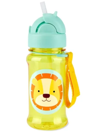 Żółty bidon dla dziecka z niebieską zakrętką i nadrukiem lwa oraz żółtym paskiem do noszenia. Skip Hop Bidon dla Dziecka Tritanowy Lew 355ml ZOO Tritan™ Renew
