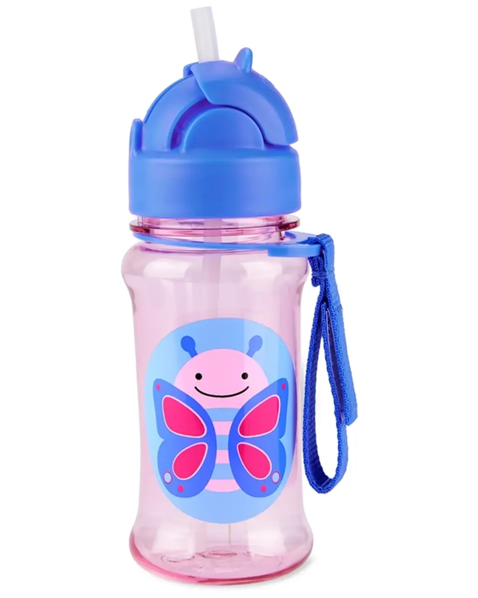 Bidon dla dziecka różowy z niebieską nakrętką i motylem z uchwytem na rękę. Skip Hop Bidon dla Dziecka Tritanowy Motyl 355ml ZOO Tritan™ Ren