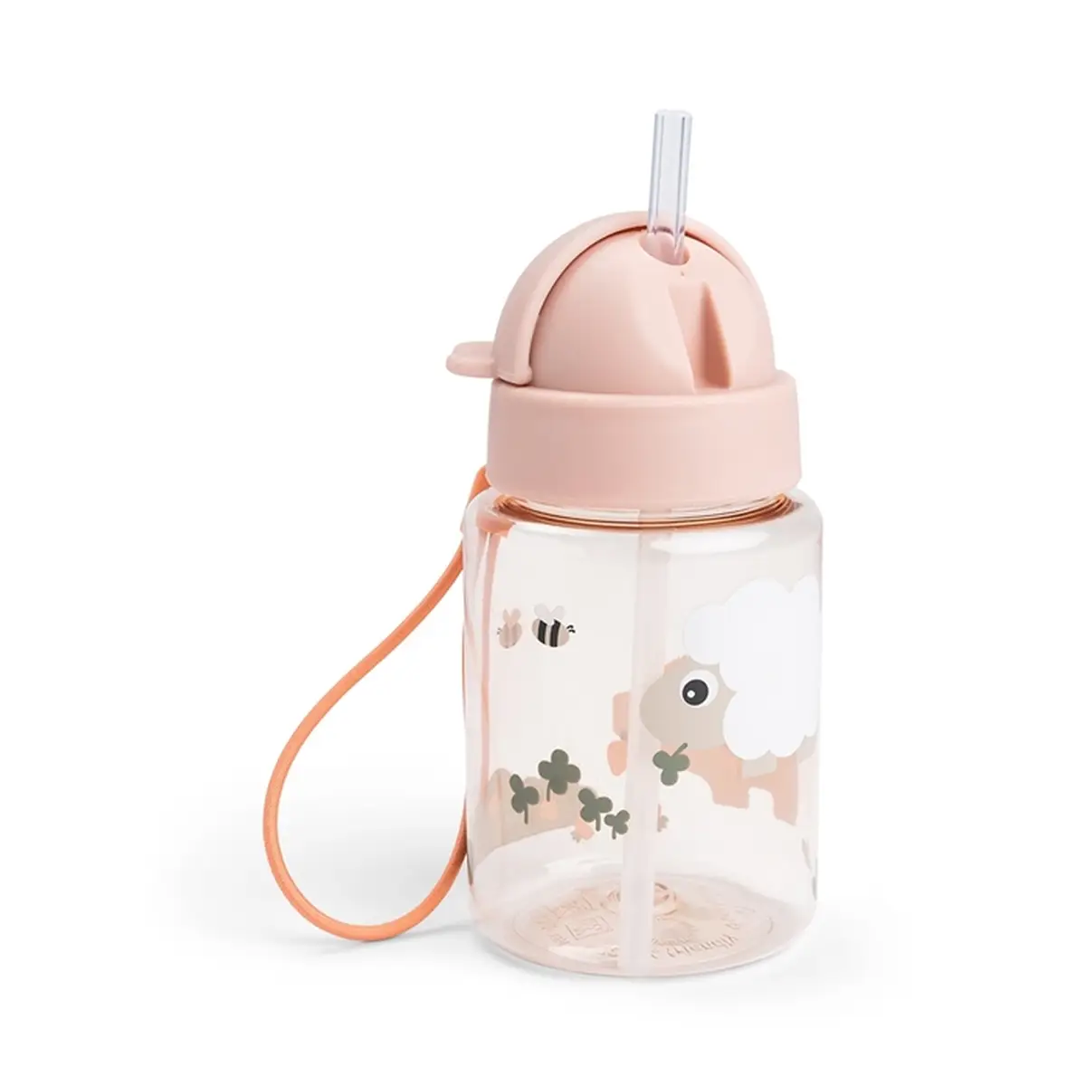 Bidon dla dziecka przezroczysty z różową zakrętką i słomką z motywem owcy i pszczółek. Done by Deer Bidon dla Dziecka 280ml Tiny Farm Powder