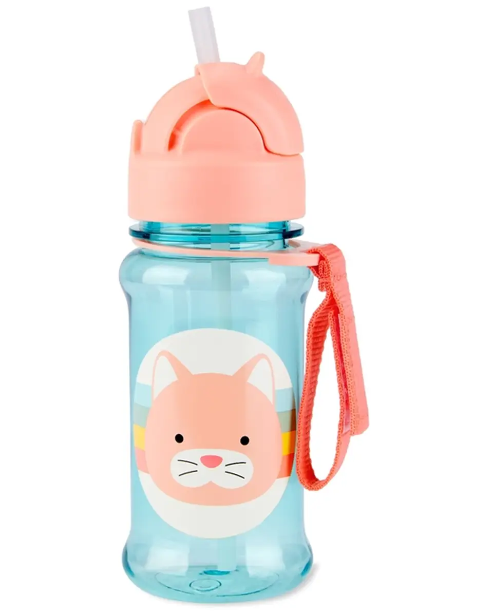 Bidon dla dziecka niebieski z różową zakrętką i nadrukiem kota z paskami z uchwytem na rękę. Skip Hop Bidon dla Dziecka Tritanowy Kot 355ml ZOO Tritan™ Renew