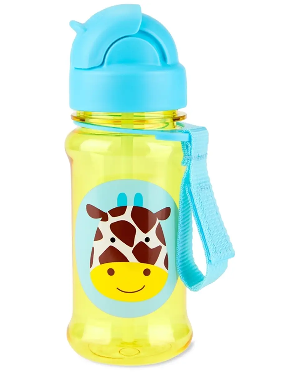 Żółty bidon dla dziecka z niebieską zakrętką i paskiem z nadrukiem żyrafy. Skip Hop Bidon dla Dziecka Tritanowy Żyrafa 355ml ZOO Tritan™ Re