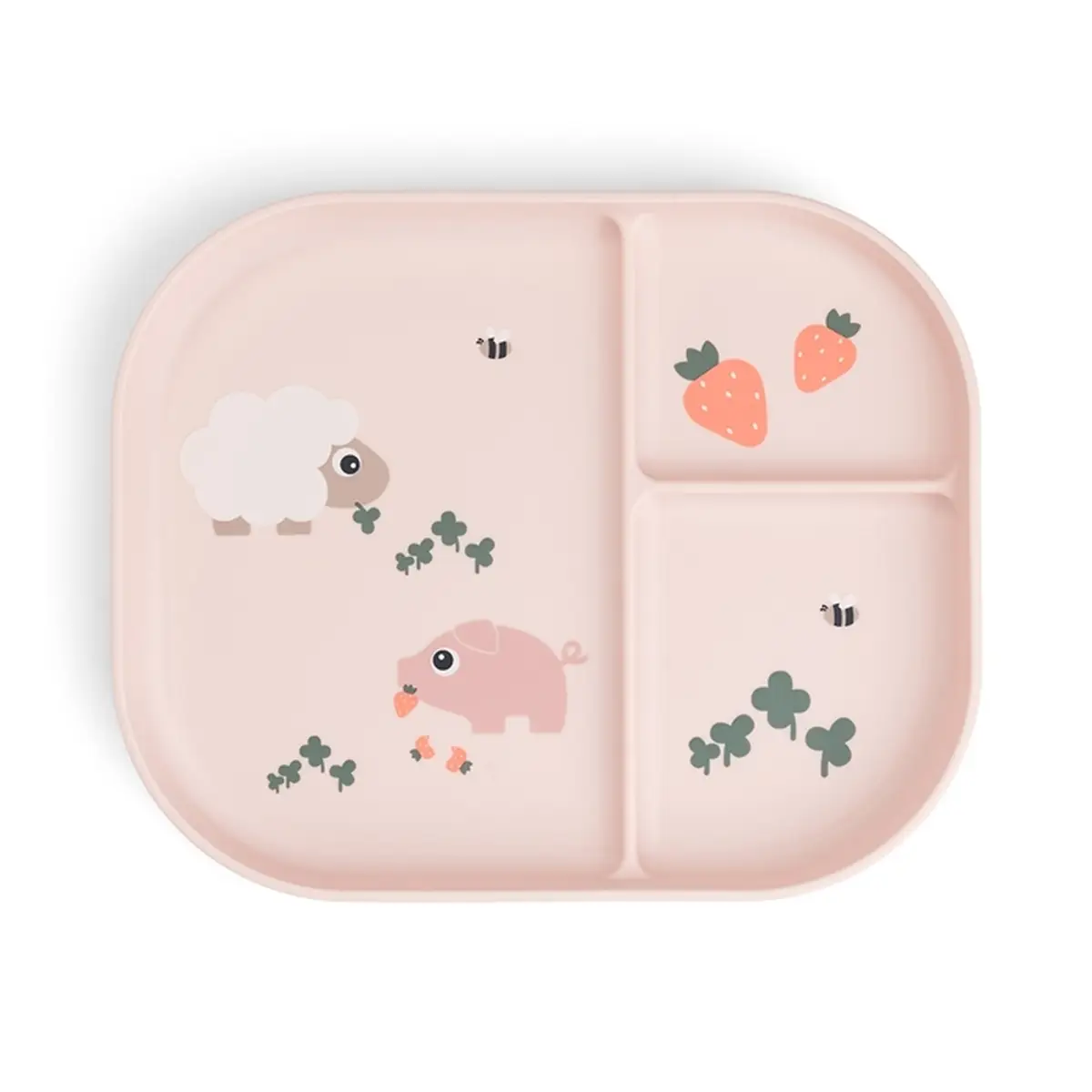 Różowy talerzyk dziecięcy z przegródkami z motywem owiec, świnki, truskawek i pszczół dla dziecka. Done by Deer Talerzyk Dzielony Foodie Tiny Farm Powder