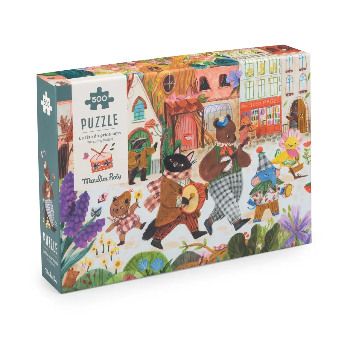 Puzzle tradycyjne 500 elementów z kolorowym obrazkiem zwierząt grających na instrumentach i tańczących w wiosce dla dzieci. Moulin Roty Puzzle FESTYN 500 elem. LES MINOUCHKAS