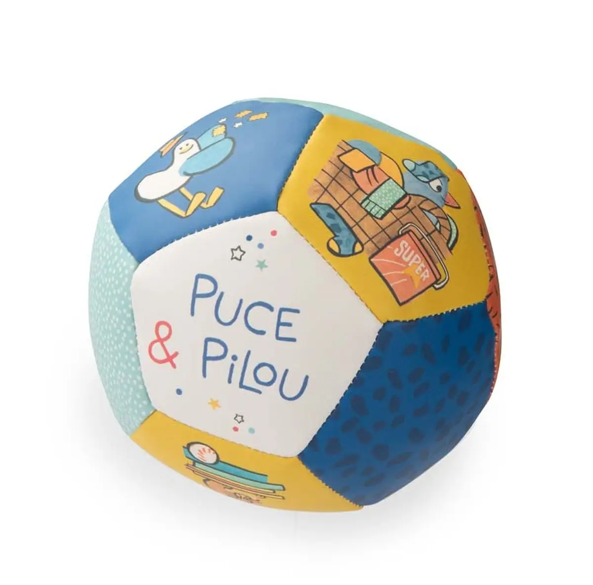 Miękka piłeczka sensoryczna w kolorach niebieskim żółtym i białym z nadrukami dla dziecka. Moulin Roty Miękka piłeczka PUCE & PILOU