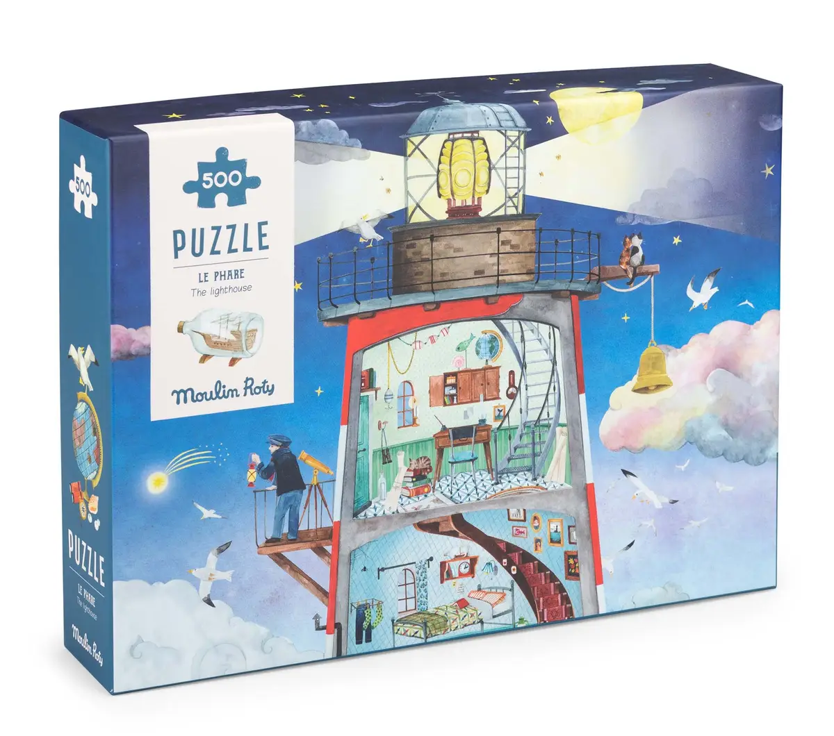 Puzzle tradycyjne 500 elementów z ilustracją latarni morskiej i wnętrza dla dzieci. Moulin Roty Puzzle 500 elem. LATARNIA MORSKA