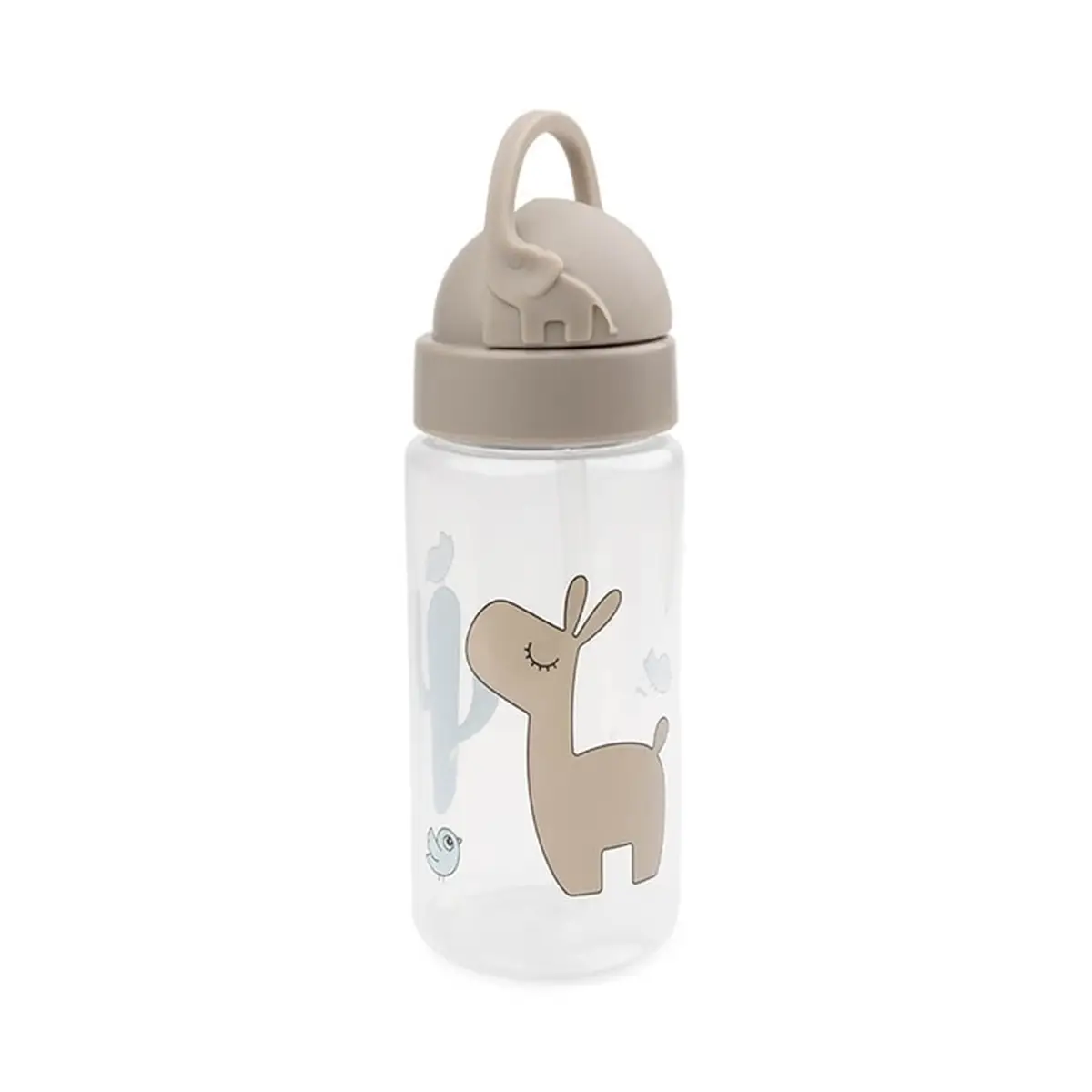 Przezroczysty bidon dla dziecka z beżową nakrętką i rysunkiem zwierzątka oraz kaktusa. Done by Deer Bidon dla Dziecka Lalee Sand