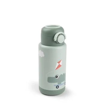 Zielona butelka termiczna dla dziecka z nadrukiem krokodyla i latawca. Done by Deer Butelka Termiczna 340ml Playground Green