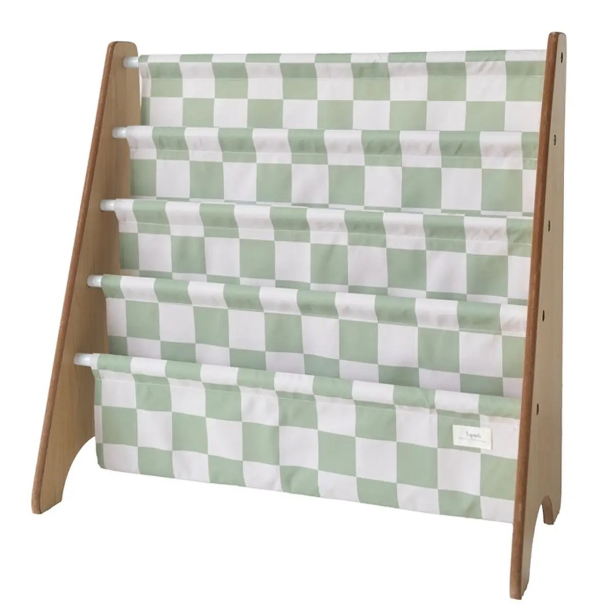 Stojak na książki dla dziecka z zielono-białym wzorem w kratę drewniana konstrukcja z materiałowymi półkami. 3 Sprouts Stojak na Książki Recycled Checkerboard Green