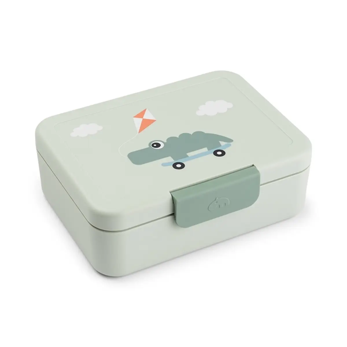 Zielona śniadaniówka dla dziecka z nadrukiem krokodyla na deskorolce i latawcem. Done by Deer Lunchbox dla Dziecka z Podziałką Playground Green
