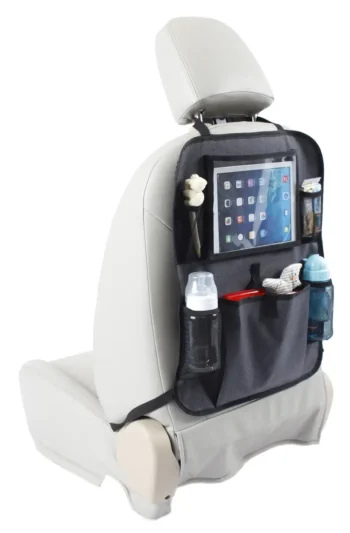 Szary organizer na oparcie fotela samochodowego z kieszeniami na butelki tablet i drobne przedmioty dla dziecka. Baby Dan Organizer na oparcie fotela samochodowego szary