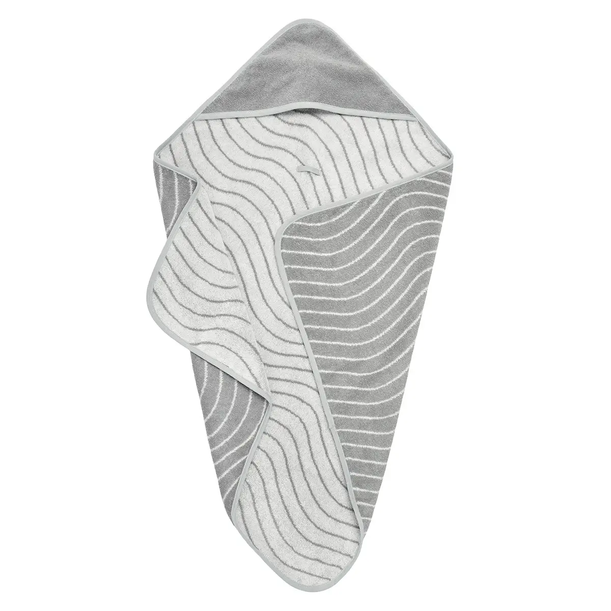 Dziecięcy ręcznik z kapturem szary z białym wzorem fal dla niemowlaka. Leander ręcznik z kapturem Woodland Cool Grey