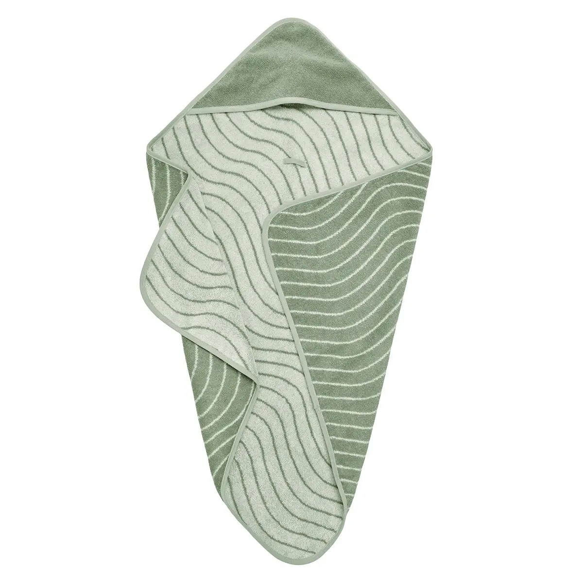Ręcznik dla dziecka z kapturem w zielonym kolorze z jasnym wzorem falistym. Leander ręcznik z kapturem Woodland Sage green