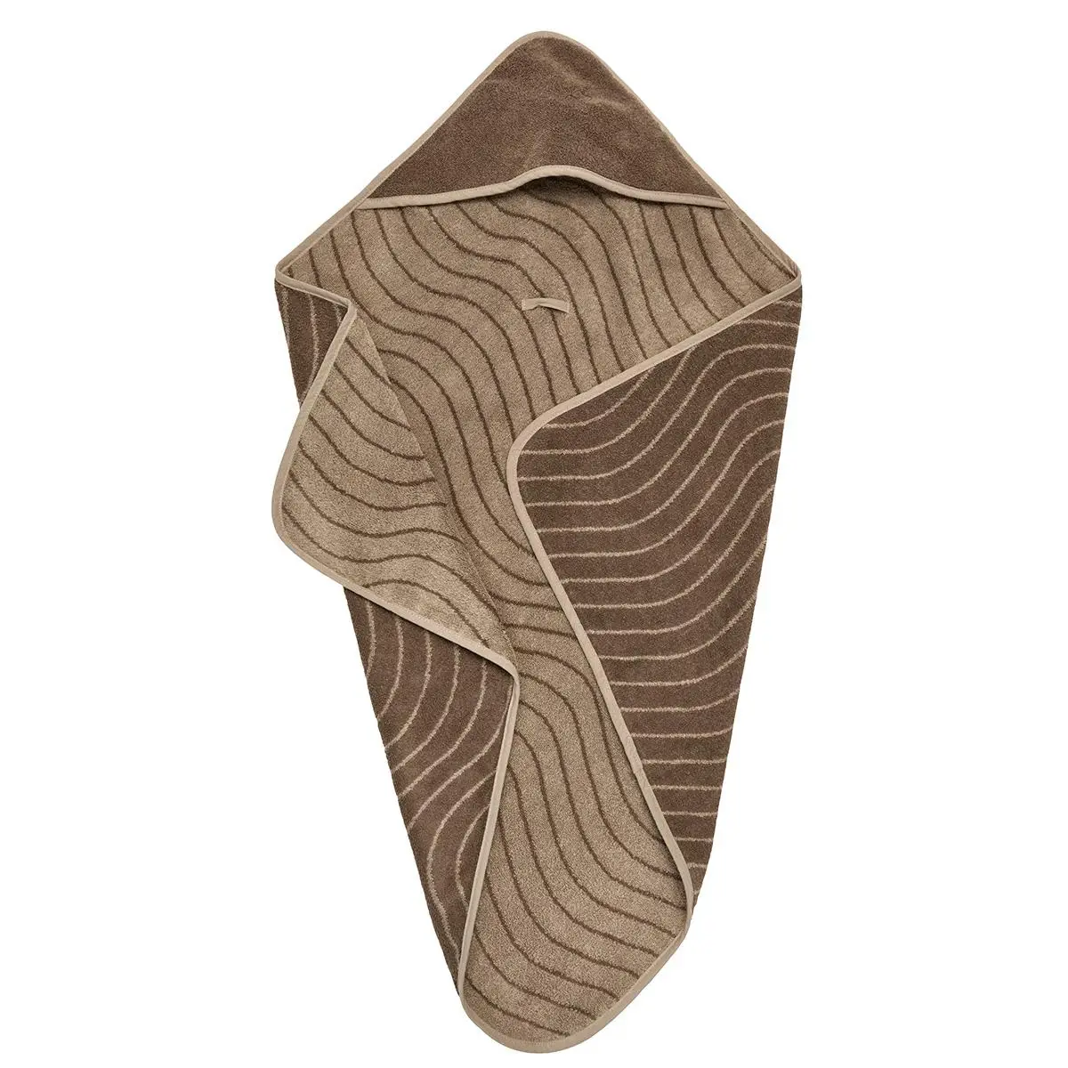 Dziecięcy ręcznik z kapturem brązowy z wzorem falistych linii dla niemowlaka. Leander ręcznik z kapturem Woodland Mocca