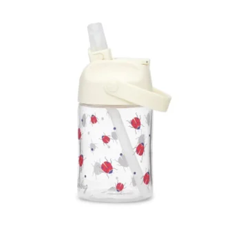 Przezroczysta butelka do picia z dzióbkiem kremowa nakrętka wzór biedronek dla dziecka. Butelka do picia Tritan LADYBUG 350ml z dzióbkiem