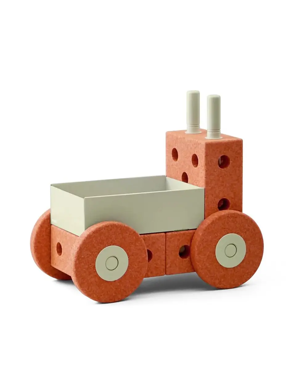 Pchacz dla dziecka w kolorze pomarańczowym z zielonym pojemnikiem z pianki i tworzywa. MODU Pchacz 3w1 Burnt Orange / Dusty Green
