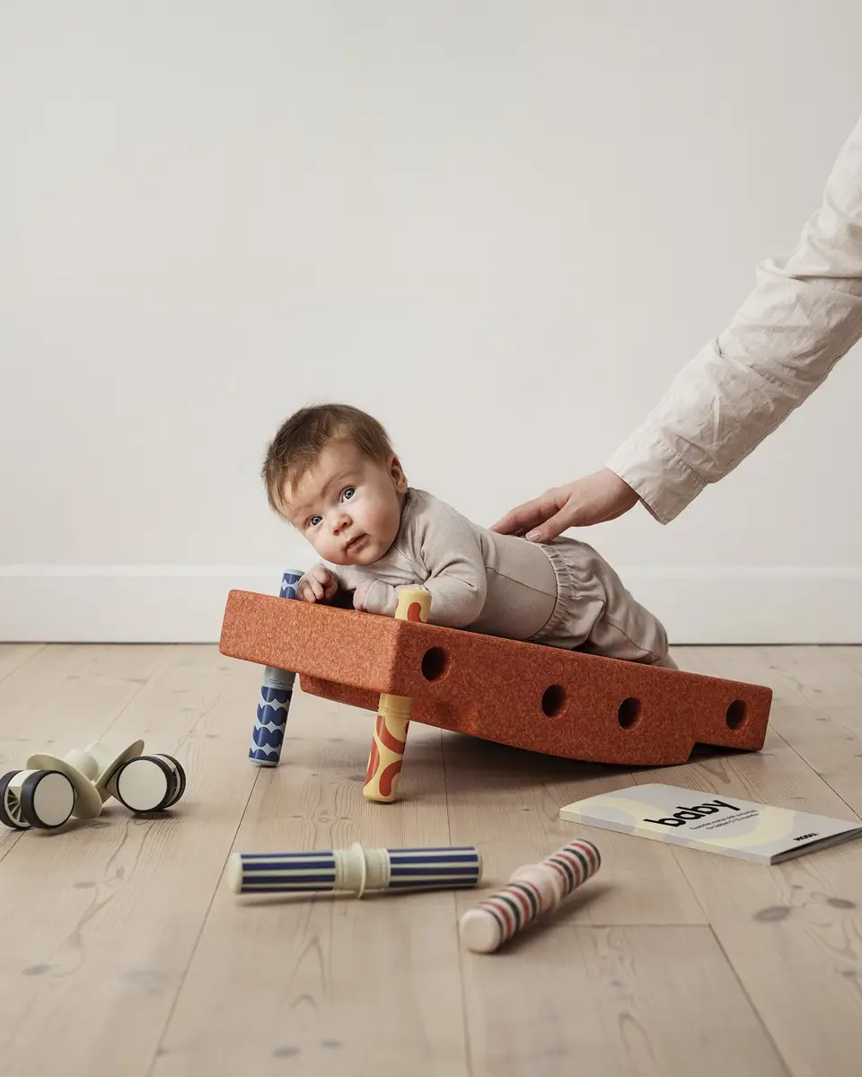 Niemowlę leżące na pomarańczowej piankowej desce do zabawy z kolorowymi pałeczkami na drewnianej podłodze dla dziecka. MODU Baby activity set Burnt Orange / Dusty Green