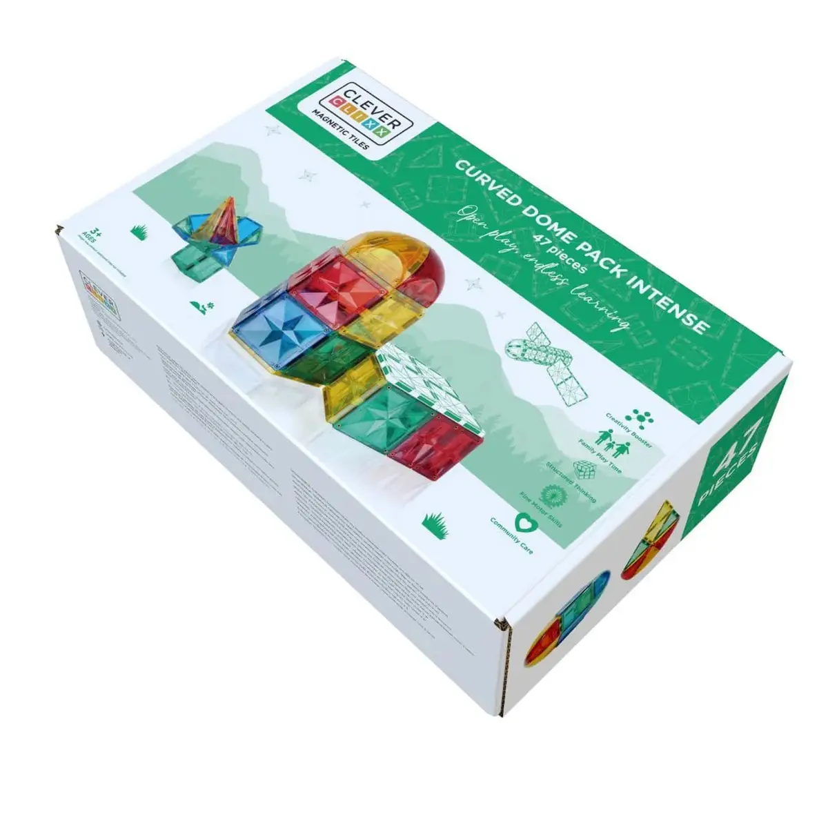 Zestaw klocków magnetycznych w przezroczystych kolorach czerwonym żółtym zielonym i niebieskim dla dzieci powyżej 3 lat. Cleverclixx Klocki magnetyczne Curved Dome Pack Intense 47el