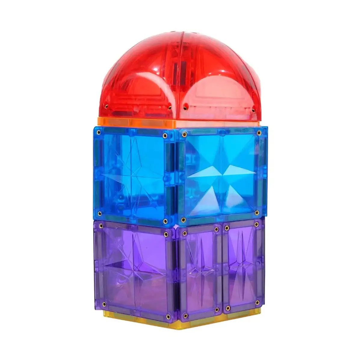 Klocki magnetyczne przezroczyste w kolorach czerwonym niebieskim i fioletowym dla dziecka. Cleverclixx Klocki magnetyczne Curved Dome Pack Intense 47el