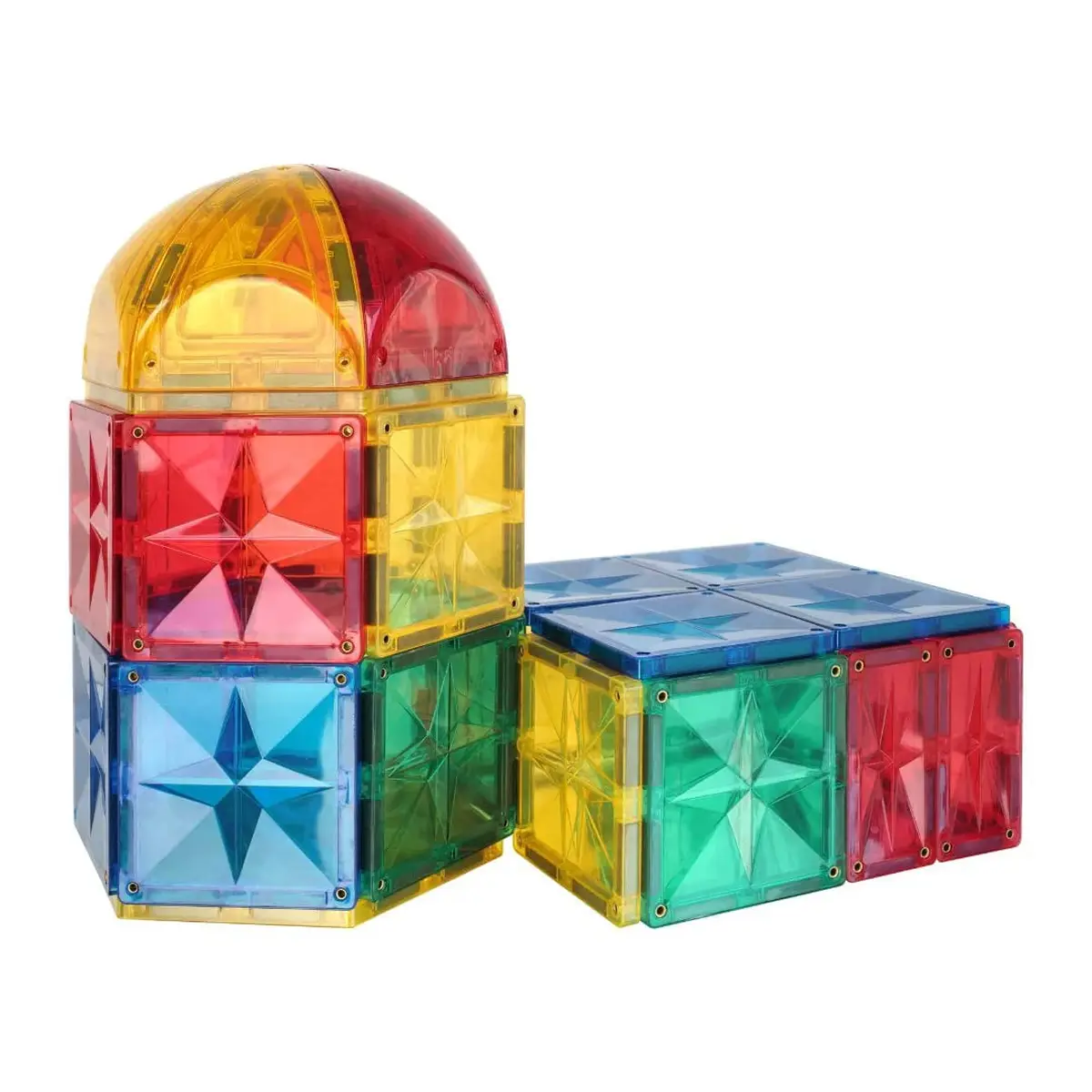 Klocki magnetyczne przezroczyste kolorowe z wypukłym wzorem gwiazdy dla dzieci. Cleverclixx Klocki magnetyczne Curved Dome Pack Intense 47el