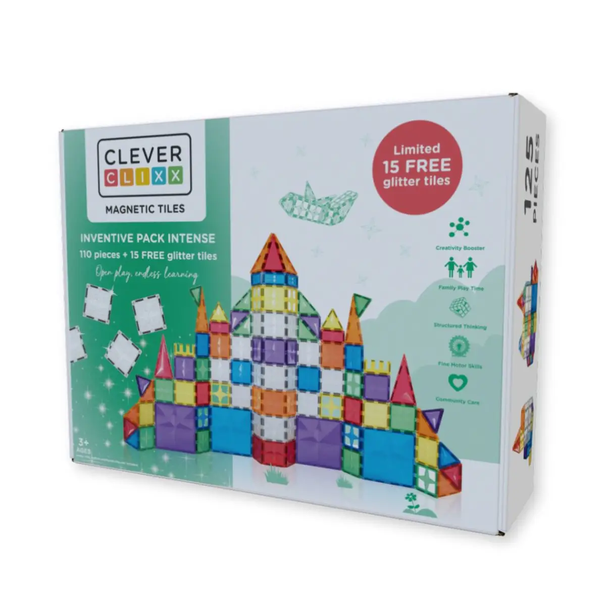 Klocki magnetyczne w różnych kolorach do układania dla dzieci powyżej 3 lat. Cleverclixx Klocki magnetyczne Inventive Pack Intense 110el. + 15el. gratis