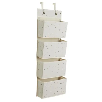 Wiszący organizer na drzwi kremowy z czarnymi i brązowymi plamkami z czterema kieszeniami na zabawki dla dziecka. 3 Sprouts Organizer Na Drzwi Wiszący Cream Recycled