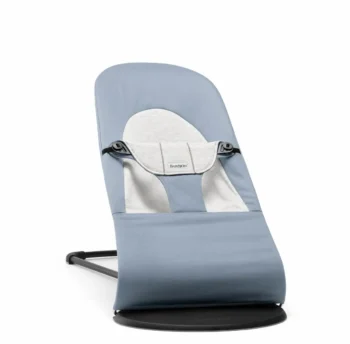 Leżaczek dla niemowlaka niebieski z szarymi wstawkami na metalowej czarnej ramie. Babybjorn leżaczek BALANCE SOFT WOVEN/JERSEY Niebieski/Szary