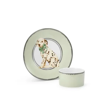 Porcelanowy zestaw obiadowy dla dziecka talerz z psem dalmatyńczykiem i miseczka w jasnym kolorze. Elodie Details Zestaw obiadowy porcelanowy Darling Dalmatians