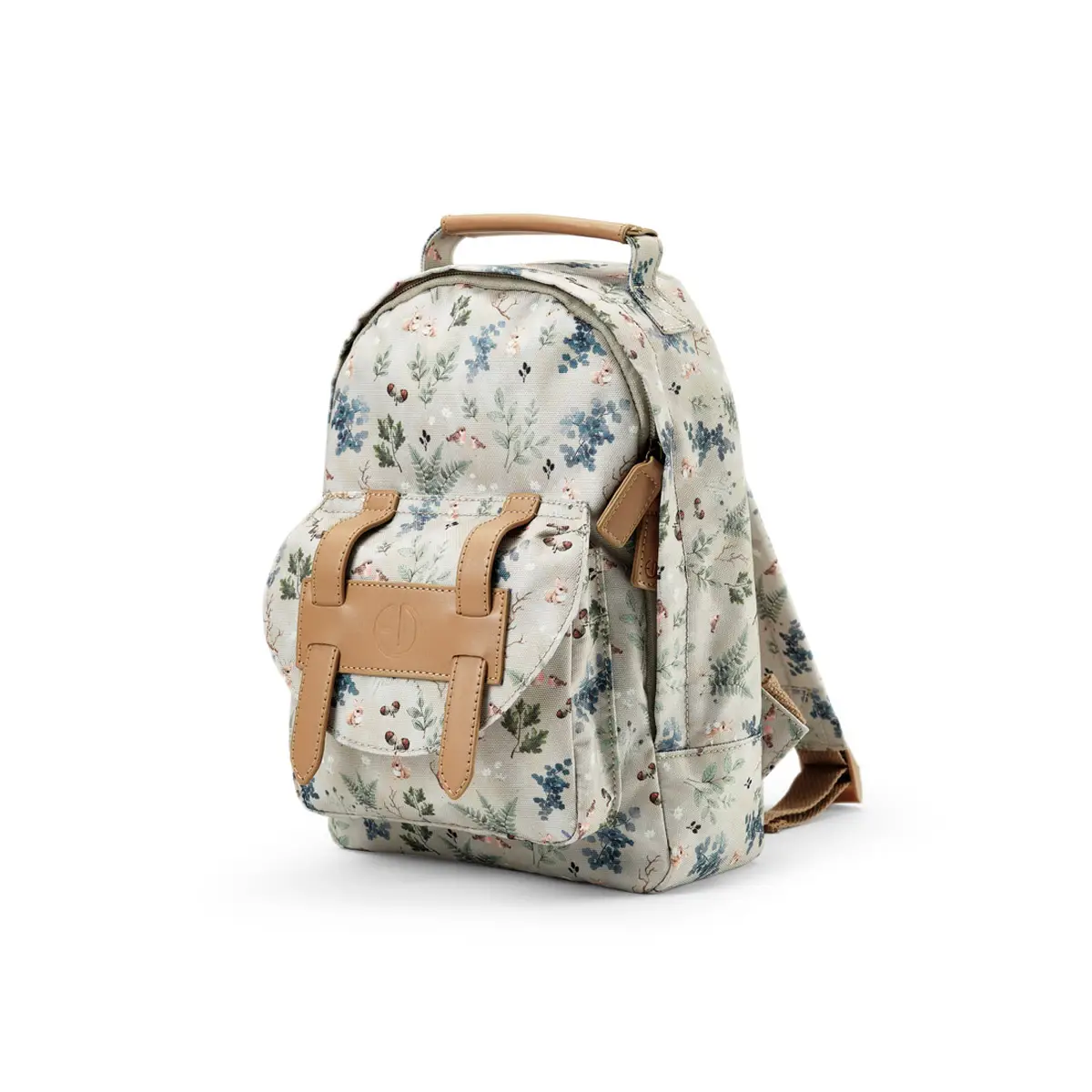 Plecak dziecięcy w jasnym kolorze w kwiatowy wzór z brązowymi elementami z ekoskóry dla dziecka. Elodie Details Plecak BackPack MINI Fairytale Forest