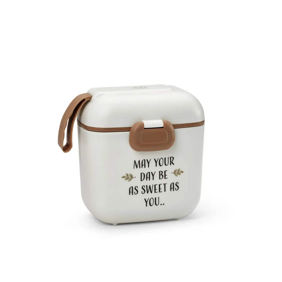 Biała śniadaniówka z brązowym zamknięciem i uchwytem z napisem dla dziecka dla mamy. Elodie Details Lunchbox Vanilla White