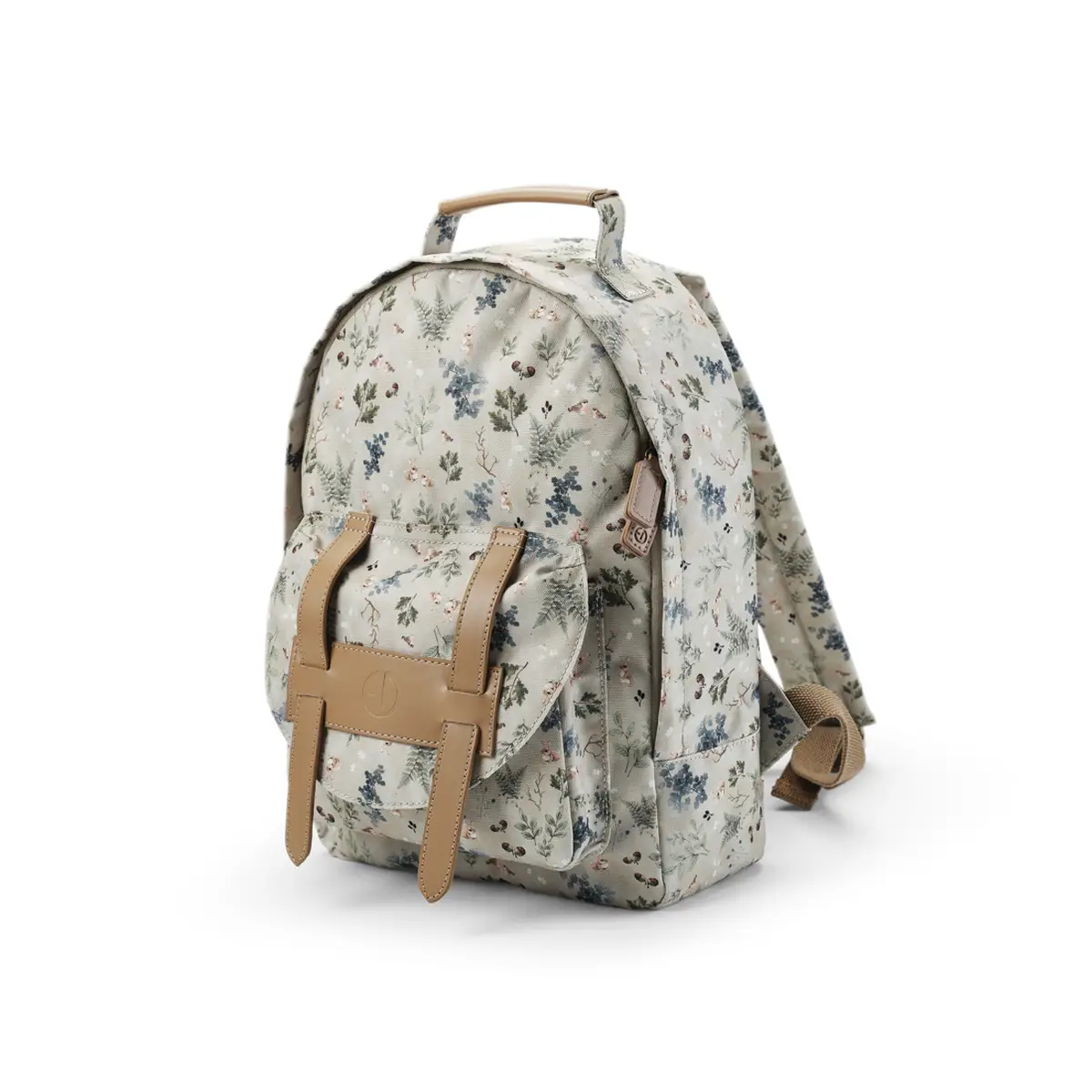 Plecak dziecięcy w jasnym kolorze z motywem leśnym i brązowymi paskami z ekoskóry. Elodie Details Plecak BackPack MIDI Fairytale Forest