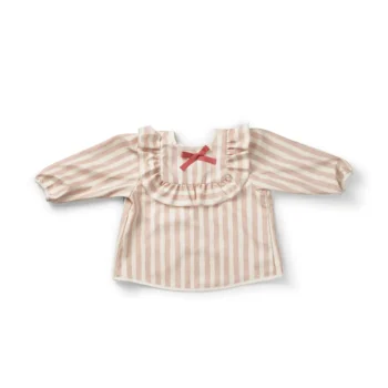 Śliniak dla dziecka z długim rękawem w beżowo-białe paski z falbanką i czerwoną kokardką. Elodie Details Śliniak z długim rękawem Candy Stripes