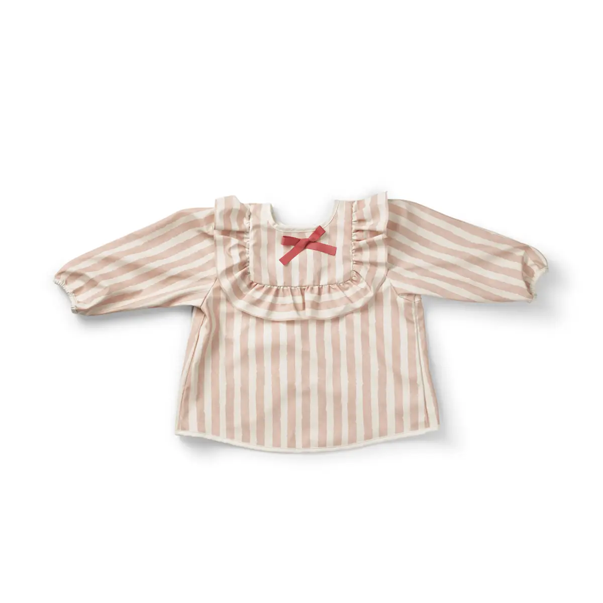 Śliniak dla dziecka z długim rękawem w beżowo-białe paski z falbanką i czerwoną kokardką. Elodie Details Śliniak z długim rękawem Candy Stripes
