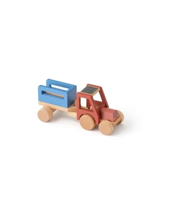 Drewniany traktor zabawka z przyczepą w kolorze czerwonym i niebieskim dla dziecka. Kid’s Concept Traktor AIDEN