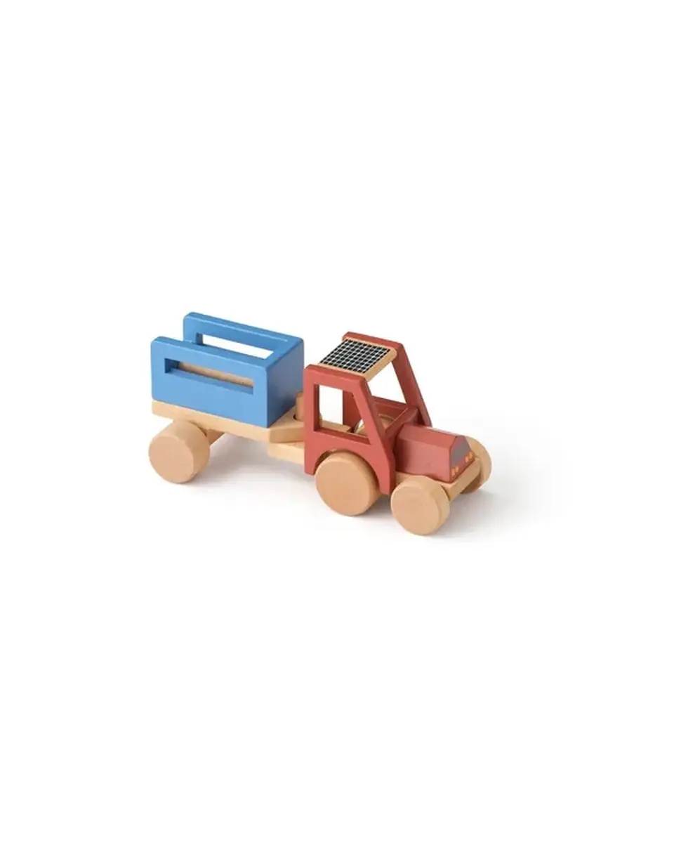 Drewniany traktor zabawka z przyczepą w kolorze czerwonym i niebieskim dla dziecka. Kid’s Concept Traktor AIDEN