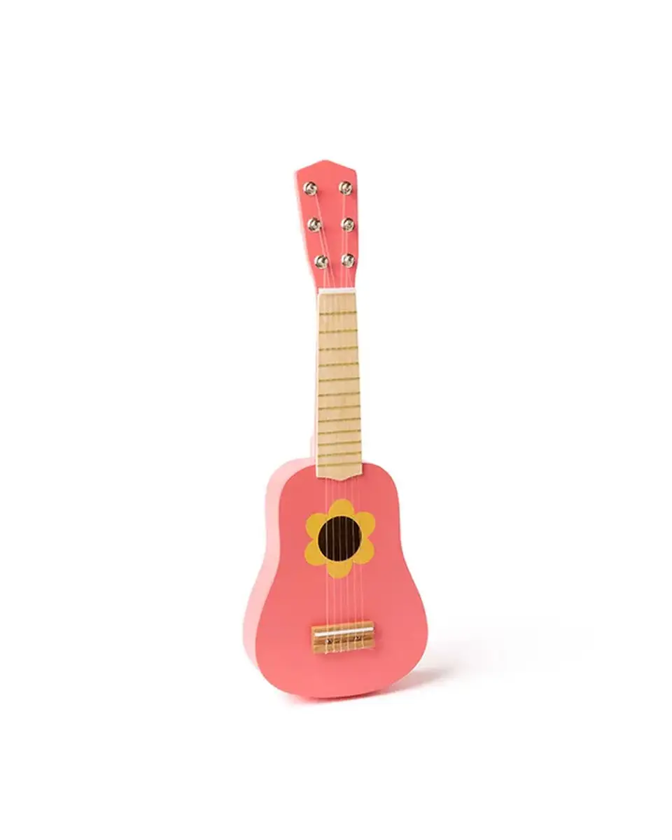 Drewniana różowa gitara dziecięca z żółtym kwiatem na pudle rezonansowym dla dziecka. Kid’s Concept Gitara flower pink
