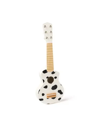 Drewniana gitara dziecięca biała w czarne plamy z jasnym gryfem i strunami dla dziecka. Kid’s Concept Gitara black white