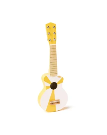 Drewniana gitara dziecięca w kolorze żółto-białym z sześcioma strunami. Kid’s Concept Gitara yellow white