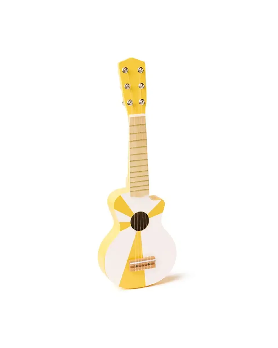 Drewniana gitara dziecięca w kolorze żółto-białym z sześcioma strunami. Kid’s Concept Gitara yellow white