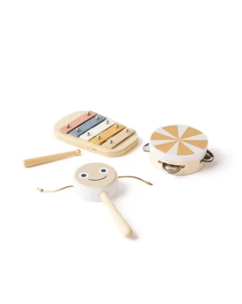 Zestaw drewnianych instrumentów muzycznych dla dzieci ksylofon tamburyn i grzechotka z uśmiechem w kolorze brązowym i pastelowym. Kid’s Concept Zestaw muzyczny brown
