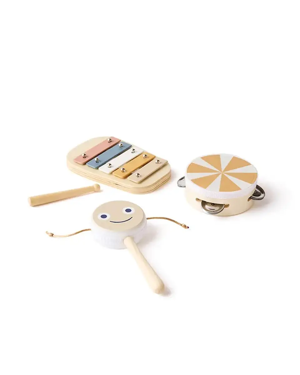 Zestaw drewnianych instrumentów muzycznych dla dzieci ksylofon tamburyn i grzechotka z uśmiechem w kolorze brązowym i pastelowym. Kid’s Concept Zestaw muzyczny brown