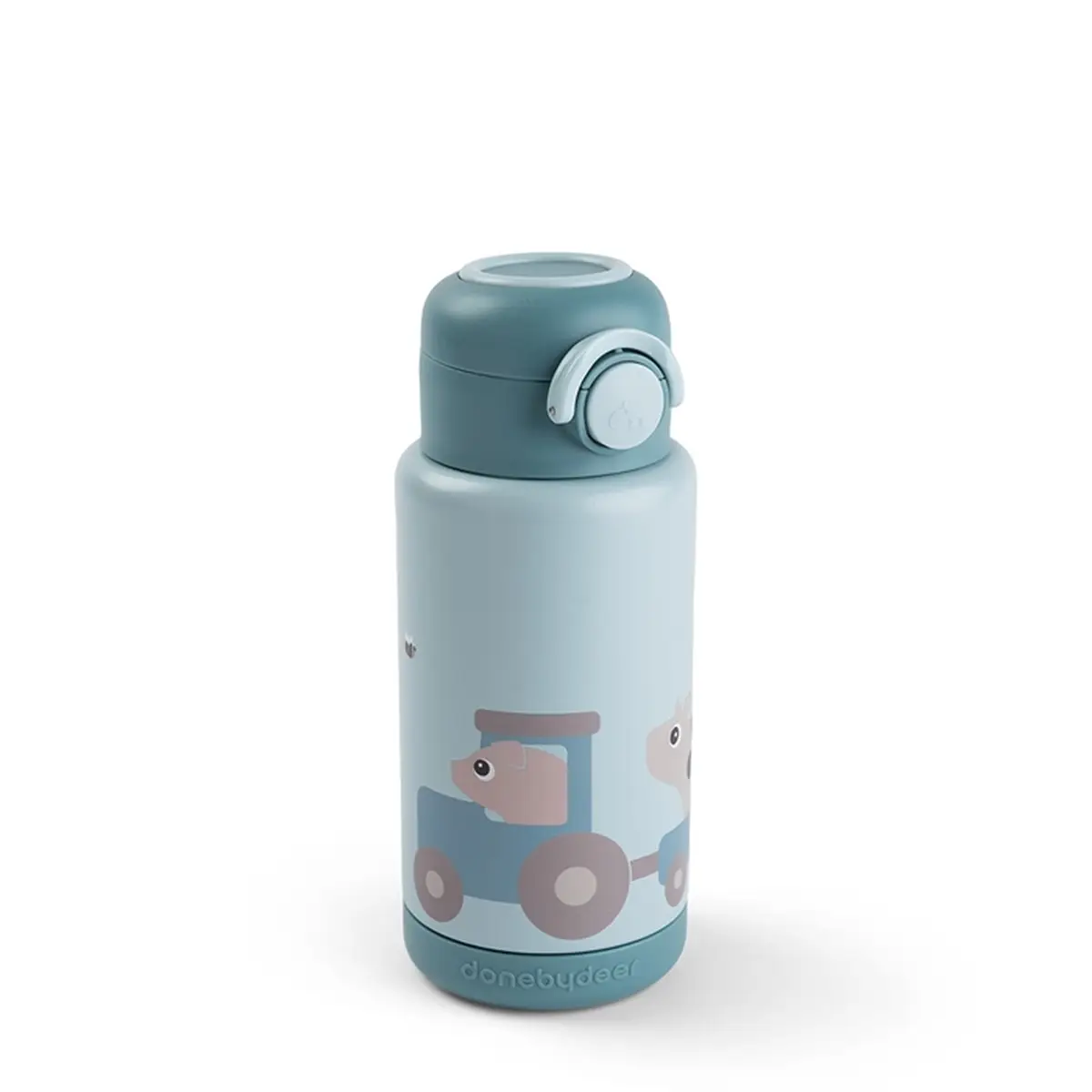 Niebieska termiczna butelka dla dziecka z nadrukiem zwierząt i pojazdu. Done by Deer Butelka Termiczna 340ml Tiny Farm Blue