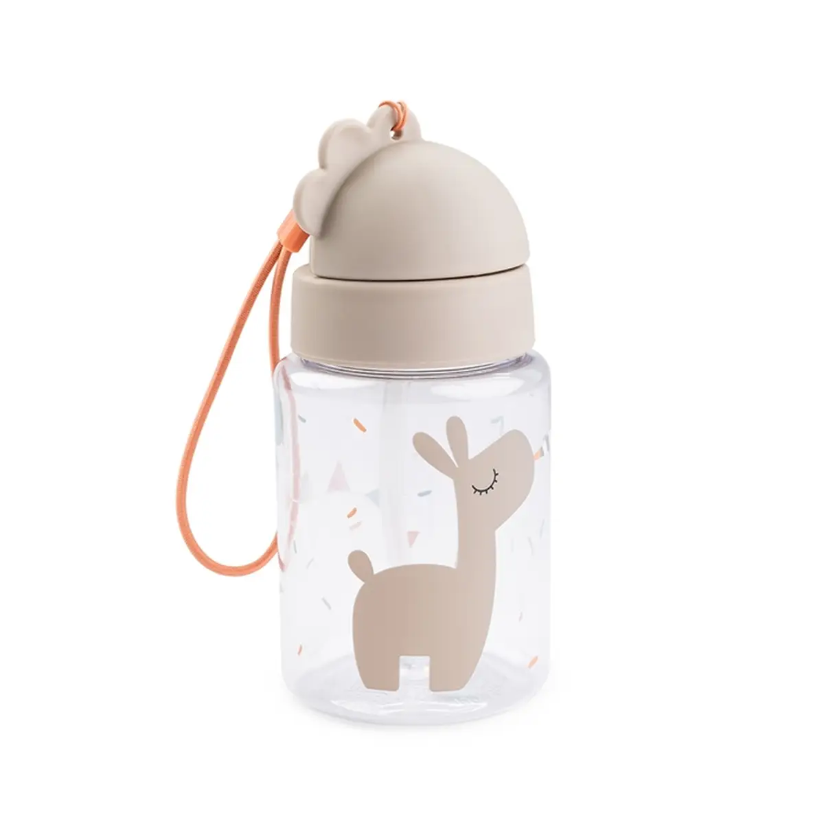 Bidon dla dziecka przezroczysty z beżową nakrętką i nadrukiem zwierzątka z pomarańczową smyczą. Done by Deer Bidon dla Dziecka 280ml Celebration Sand