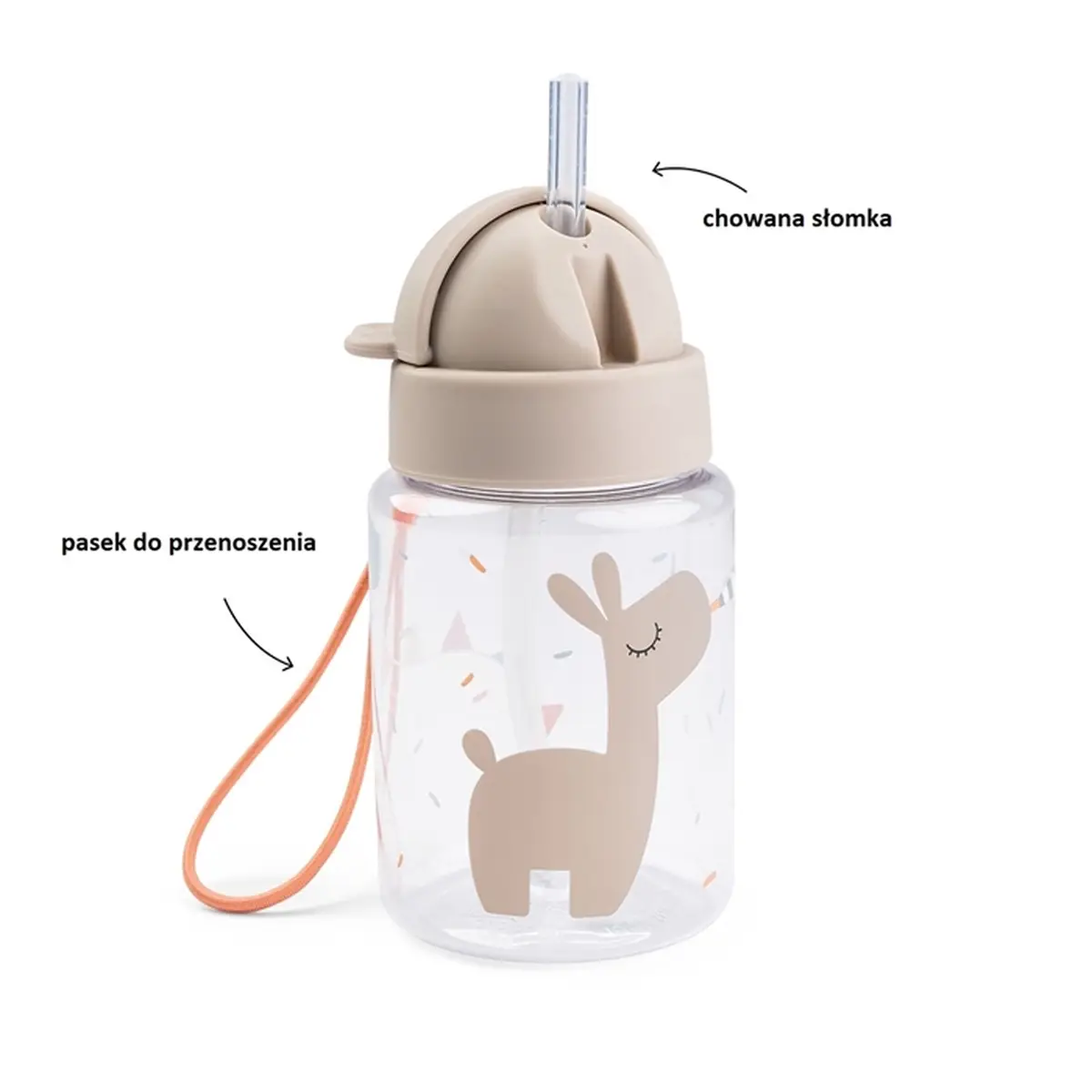 Przezroczysty bidon dla dziecka z beżową nakrętką i rysunkiem zwierzątka z chowaną słomką i pomarańczowym paskiem do przenoszenia. Done by Deer Bidon dla Dziecka 280ml Celebration Sand