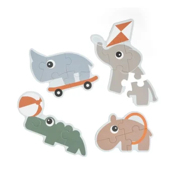 Puzzle progresywne z kolorowymi zwierzątkami słoń z latawcem nosorożec na deskorolce krokodyl z piłką hipopotam z obręczą dla dziecka. Done by Deer Pierwsze Puzzle Zwierzątka na Placu Zabaw Playground