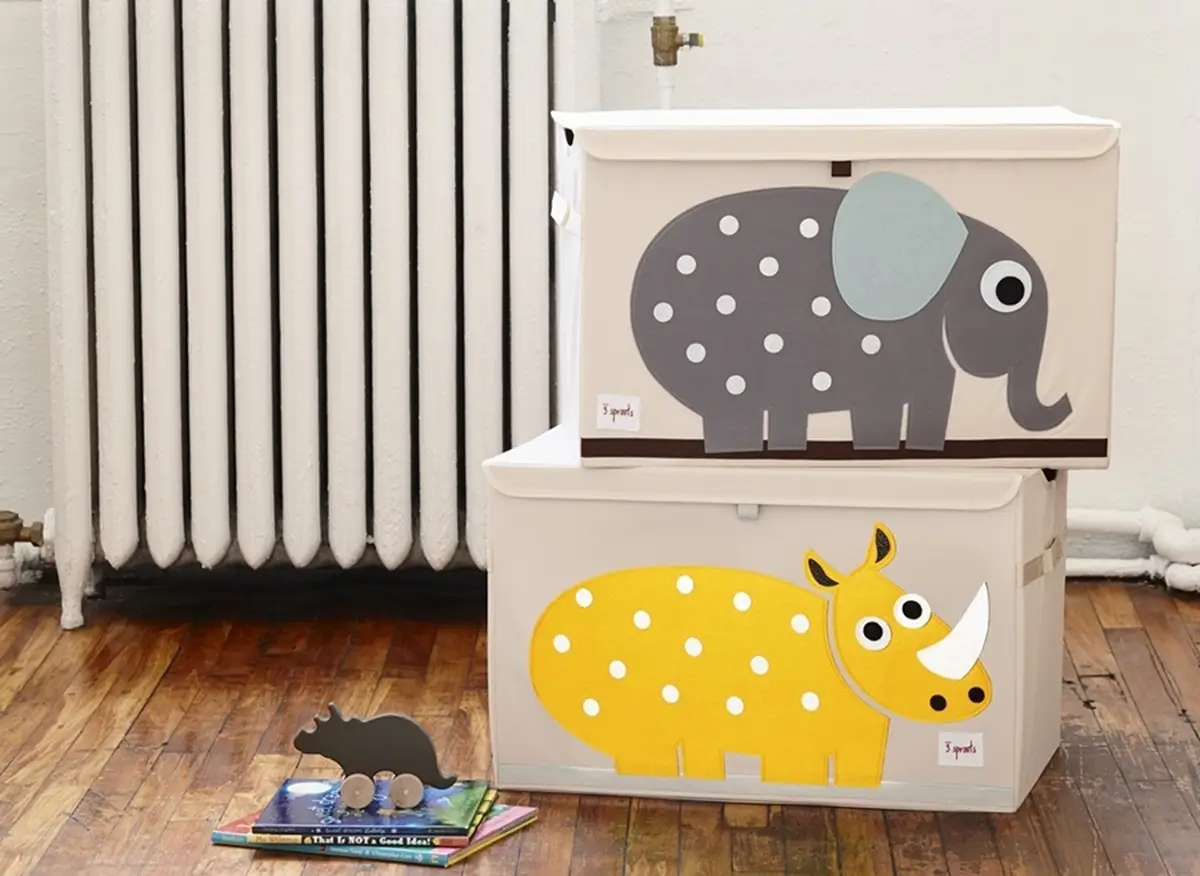 Dwa pojemniki na zabawki z pokrywkami z nadrukiem słonia i nosorożca dla dzieci. 3 Sprouts Pudełko Zamykane Nosorożec