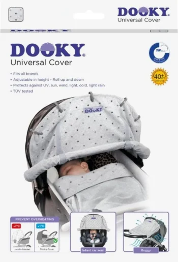 Uniwersalna osłonka do wózka i fotelika dziecięcego jasnoszara w kropeczki z daszkiem dla niemowlaka. Dooky Uniwersalna osłonka do wózka i fotelika Crowns