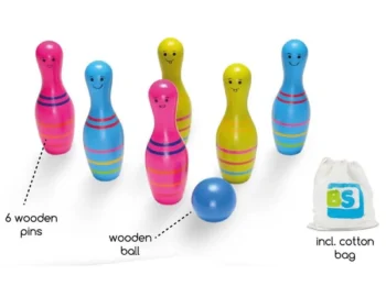Zestaw kolorowych drewnianych kręgli z piłką i bawełnianym woreczkiem do przechowywania dla dzieci. BS Toys Kręgle kolorowe
